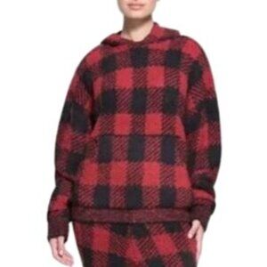 SKIMS Cozy Women's Hoodie Buffalo Check Knit Red Black Holiday Large XL NWT NEW
